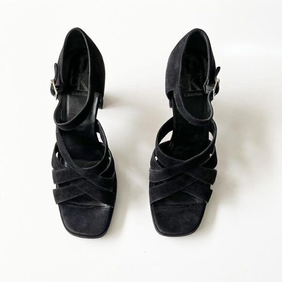 Vintage 90s Square Toe Formal Strappy Sandals Calvin Klein Black Suede Size 10 - Picture 8 of 8
